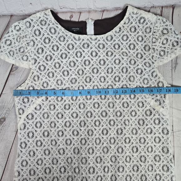 Suzi Chin Short Sleeve‎ Mini Dress Ivory Crochet Lace Chocolate Brown Lining 12 - Picture 6 of 7